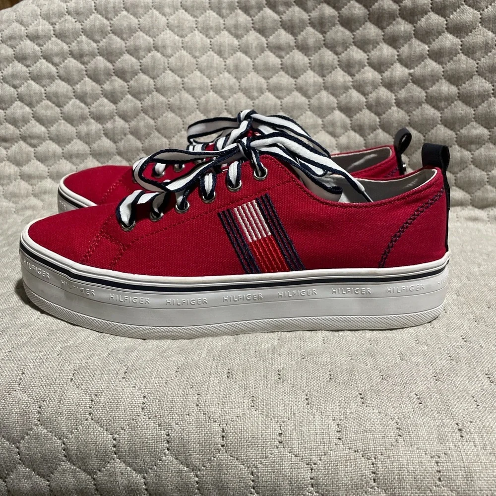 Tommy Hilfiger Red Platform Sneakers with Striped Laces